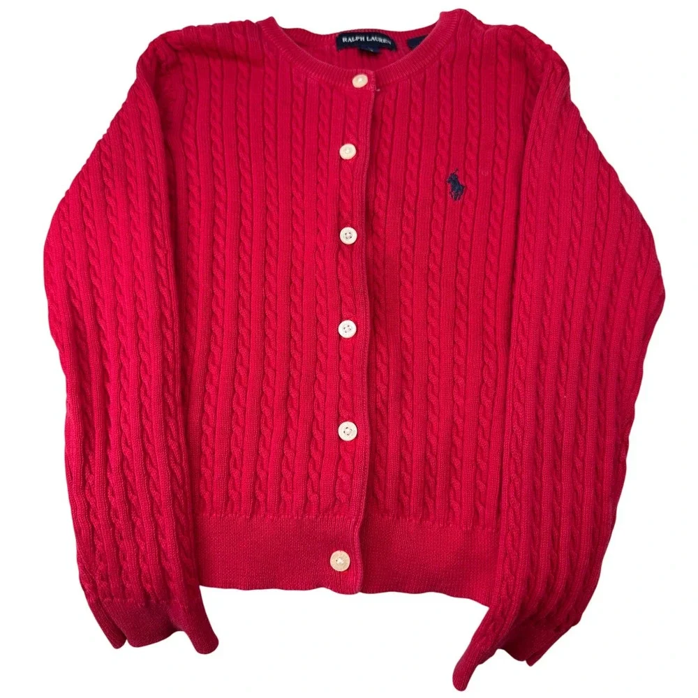 Ralph Lauren Cardigan Kids 4/5 Red Cable Knit Cotton Pony Sweater Preppy Classic